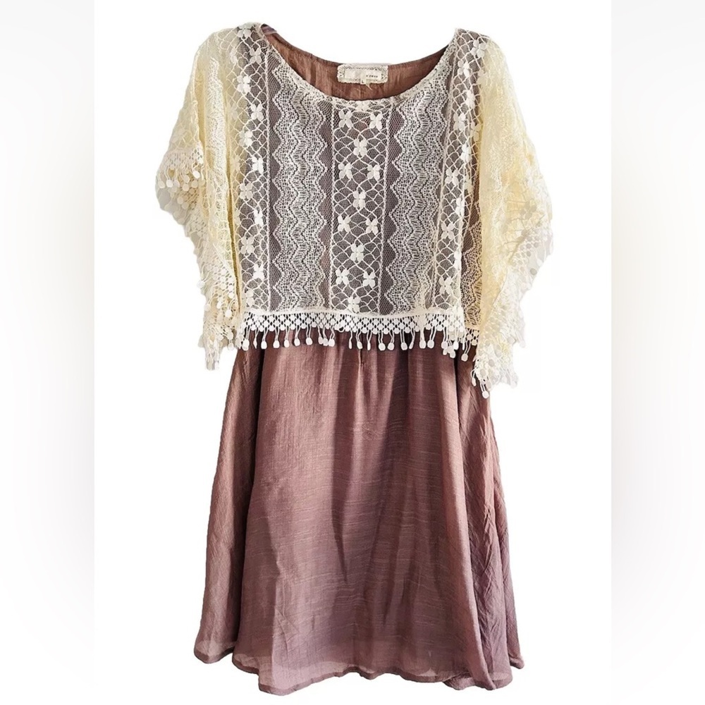 Anthropologie | A’reve Lace Overlay Dress Womens Size L Brown Short Sleeves